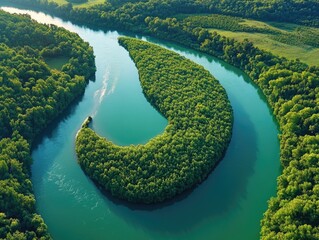 Sticker - River with a curve in it and trees on both sides. The water is green and the trees are lush