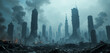 © Roman - A haunting view of a devastated city skyline filled with crumbling skyscrapers. Dark clouds of smoke rise as remnants of civilization lie in ruins, creating an eerie atmosphere