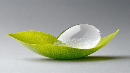 Wall Mural -   Close-up photo of a green leaf with a clear glass sphere in the center, set against a gray backdrop