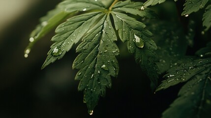 Wall Mural -   A high-quality image shows a sharp focus on the green leaf with droplets of water, while the background features out-of-focus leaves with similar water droplets