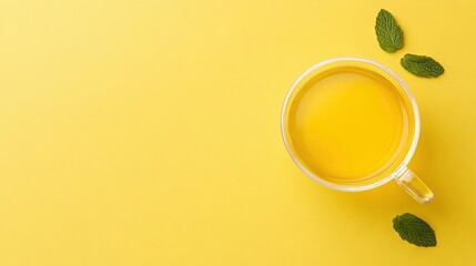 Wall Mural -   A cup of tea sits atop a yellow table beside green leafy mints