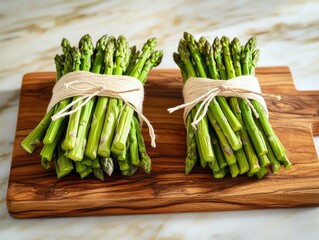 Sticker - Two bunches of asparagus are tied together with string and are sitting on a wooden cutting board