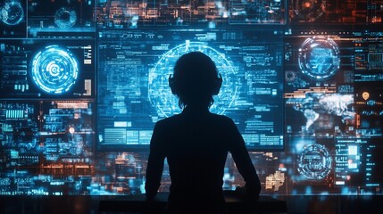 Wall Mural - Silhouette of person viewing global data on futuristic screens.