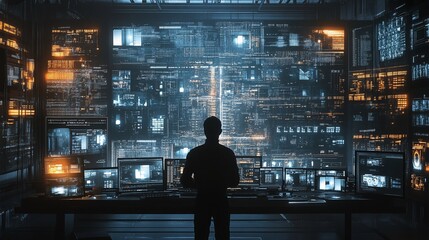 Wall Mural - Silhouetted man observing numerous digital screens displaying data.