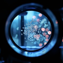 Leinwandbilder - Crisp Microscopic Lens Focus on Virus Particles in South Korean Laboratory under Blue Light