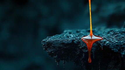 Wall Mural -   Orange liquid drips from pipe onto black moss-covered rock