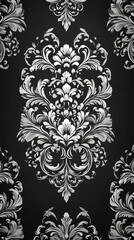 Wall Mural - The image features a detailed, symmetrical black and white floral pattern, with intricate designs and swirls