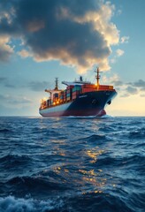 Wall Mural - Large cargo container ship sailing on blue ocean at sunset. Global trade and maritime transportation concept. Freight logistics and shipping industry