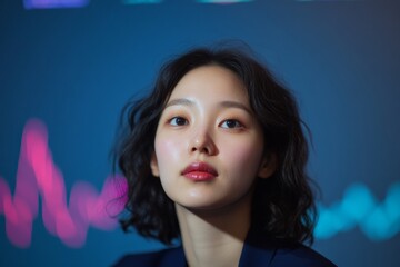 Poster - Korean Woman in Business Attire Analyzing Futuristic Cryptocurrency Charts in Neon Blue Light