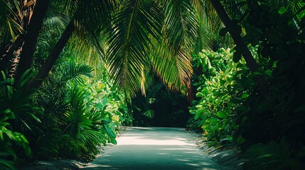 Poster -   A dirt road encircled by palm trees on either side leads to a narrow path flanked by greenery and trees