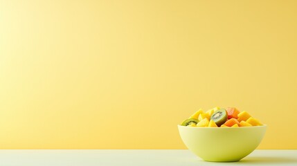 Wall Mural -   A bowl of sliced fruits rests atop a table against a vivid yellow backdrop, featuring prominently a kiwi halfway within