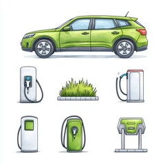 Poster - Green Car with Electric Charging Stations and Grass Elements