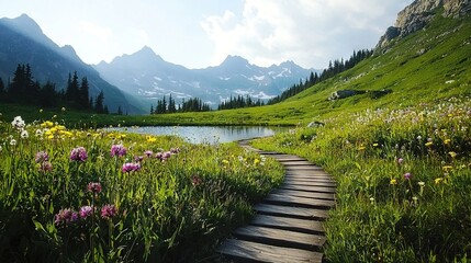 Wall Mural -   Wooden path leads through blooming wildflowers beside serene mountain lake and majestic mountains in backdrop