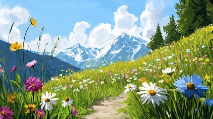 Canvas Print -  A field of wildflowers and a winding path to snow-capped mountains in the distance