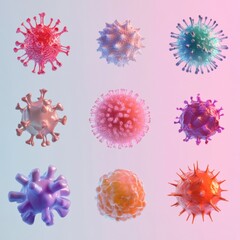 Poster - Progression of virus forms from basic to complex showcasing diverse structures and variations in appearance and size. Generative AI