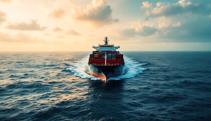 Wall Mural - Cargo container ship sailing across vast ocean at sunset. Global trade and maritime transportation concept. Freight logistics and shipping industry