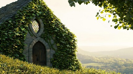 Poster -   A house adorned by vines featuring two windows - one atop the roof, the other beside the dwelling