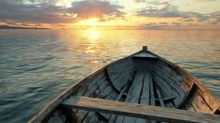 Wall Mural -   Wooden boat floats on water under cloudy sky, sun visible in distance