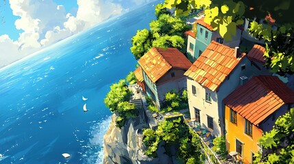 Wall Mural -   A painting of a house perched atop a cliff that overlooks a tranquil body of water, with a solitary boat anchored in the depths below and a sailboat