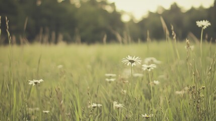 Wall Mural - Daisies in a sunlit field, shallow depth of field.