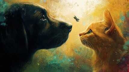 Wall Mural -   A depiction of a dog and cat confronting one another against a backdrop of a soaring avian