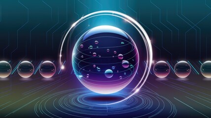Poster - A vibrant, futuristic sphere filled with glowing particles, encircled by a neon ring, set against a tech backdrop.