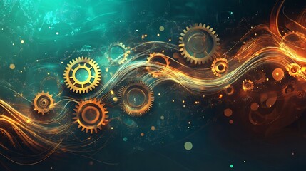 Fototapete - Artistic visualization of production theory symbolic gears flowing lines representing efficiency and output