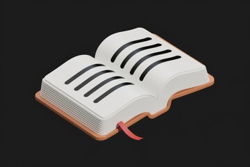 Fototapete - A 3D model of an open book with black lines simulating text on a dark background.