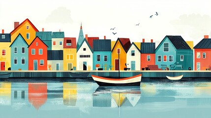 Wall Mural -   A vibrant depiction of a row of houses by the water's edge, featuring a boat in the foreground