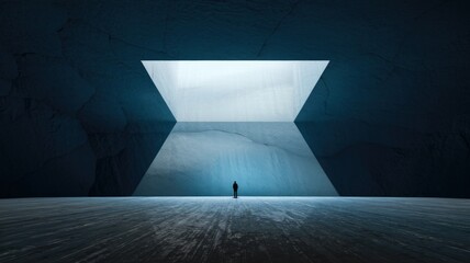 Fototapete - A lone figure stands in a vast, dark, geometric space, illuminated by a bright rectangular opening above.