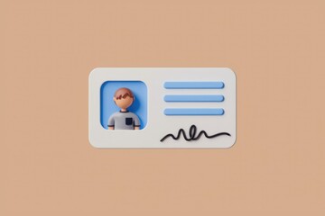 Poster - A 3D render of a simple ID card with a cartoon person and a signature.