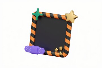 Poster - A black boarder with orange and black stripes, decorated with stars, a plus sign, and a bandage.