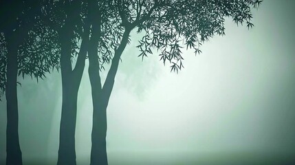 Poster -   A foggy day featuring trees in the foreground and a hazy sky as the backdrop