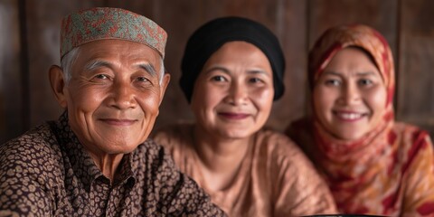 A heartwarming family portrait of an elderly man sitting with two women, showcasing the warmth of family ties, joy, and the connection across generations with genuine smiles.