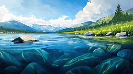 Wall Mural -   A painting depicts a body of water with rocks in the foreground and a mountain range in the background