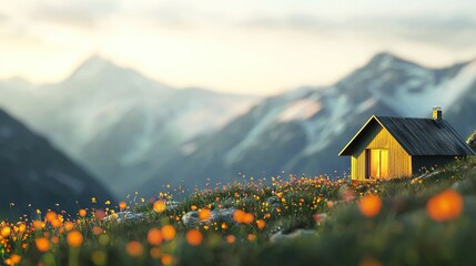 Poster -   Small house amidst blooming field, facing towering snow-capped mountains