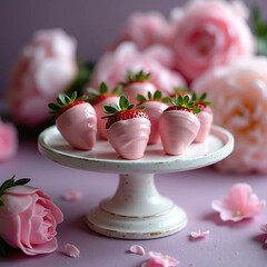 Canvas Print - Pink and white chocolate-covered strawberries on a rustic white wooden stand, surrounded by peonies 