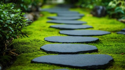 Poster -   A winding trail of stones amidst lush greenery, surrounded by towering trees and thriving foliage