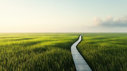 Poster -   A path in the middle of a field leads to a stunning bright blue sky with a distinct white line dividing it