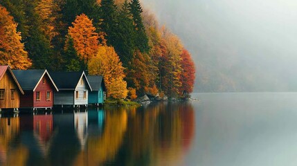 Wall Mural -   A row of houses perched atop a tranquil lake, surrounded by a lush forest adorned with vibrant tree foliage