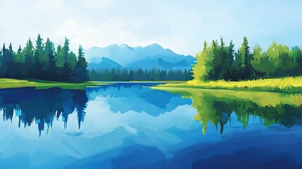 Wall Mural -   A mountain lake painting with trees in the foreground and blue clouds in the background