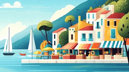 Wall Mural -   A painting of a town by the water with a sailboat in the foreground and another sailboat in the background