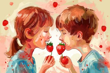 Wall Mural - Colorful illustration design of girl friend boy eating starwberry