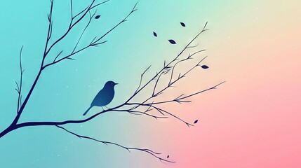 Sticker -  A bird perched on a tree branch against a blue-pink sky with avian silhouettes