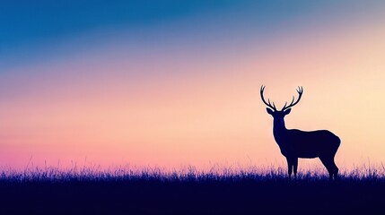 Wall Mural -   A deer stands in a purple-blue sky field Grass in foreground