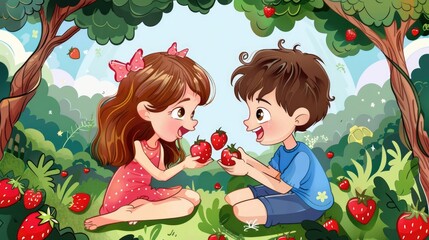 Wall Mural - Illustration Romantic girl friend boy laughing and enjoying strawberries in the garden in a festive Valentine's Day background.