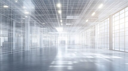 Poster - Architectural plans visualized luminous grids radiant highlights in a clean industrial workspace