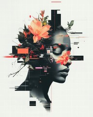 colorful collage portrait of woman with flowers covering eyes
