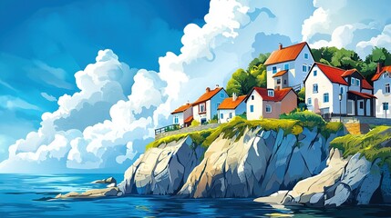 Wall Mural -  House on cliff, ocean view, blue sky, white clouds