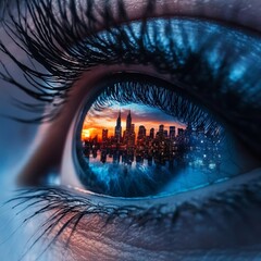 Poster - Macro Photography Showcasing Technology Theme: Urban Landscape in an Eye Reflection